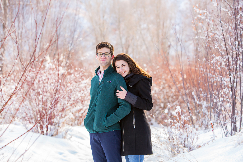 Elizabeth hugs Dan during their Colorado winter proposal near Basalt.