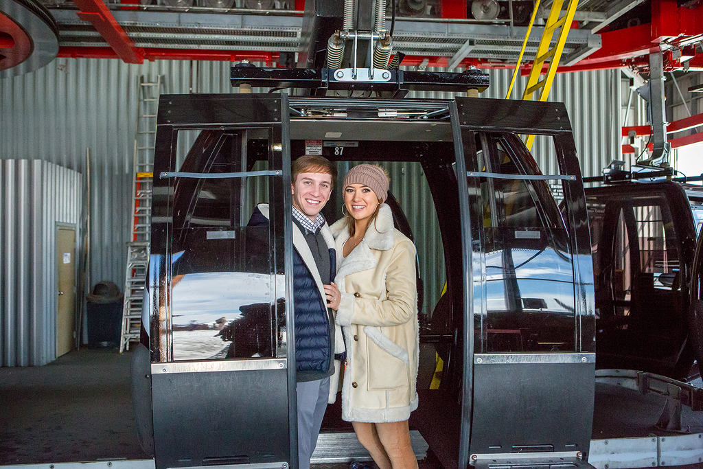 Weston and Kate in front of the Aspen mountain Gondola after their Colorado proposal.