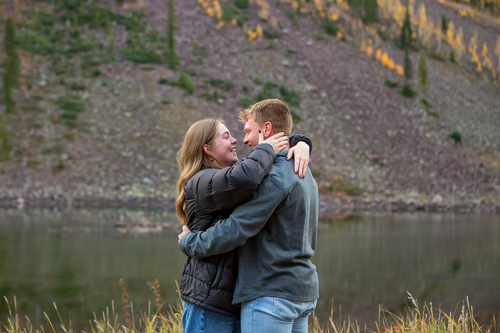 Claire’s joyful smile moments after Jackson proposes at Maroon Bells.