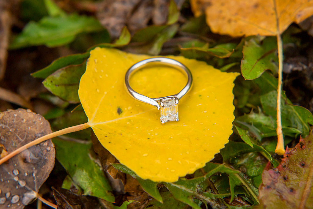 Close-up of Claire’s engagement ring on a leaf in Aspen, Colorado.