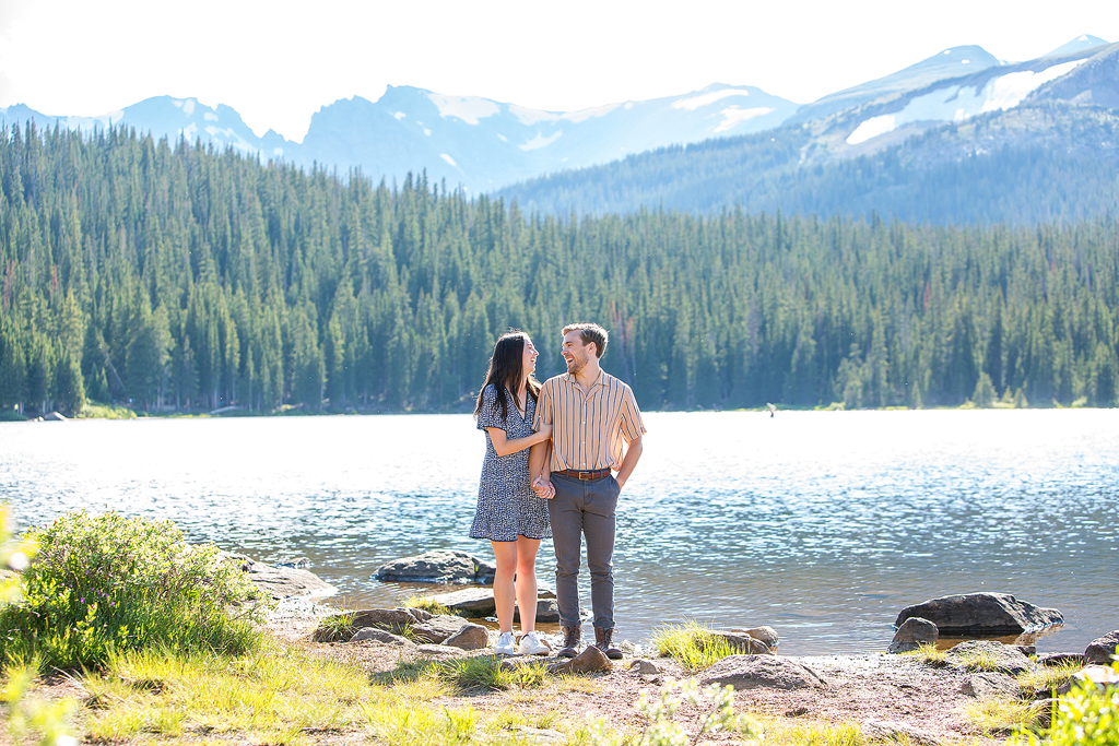 Matt and Madeline smile after their summer engagement near Estes Park, Colorado.